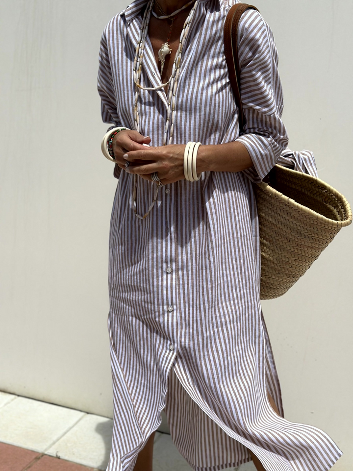 Celina | Gestreepte Knoopdetail Jurk